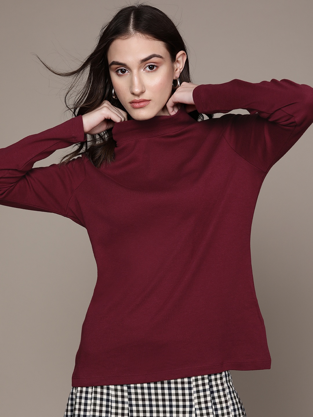 Macy's Karen Scott Women Maroon Solid Pure Cotton High-Neck Top