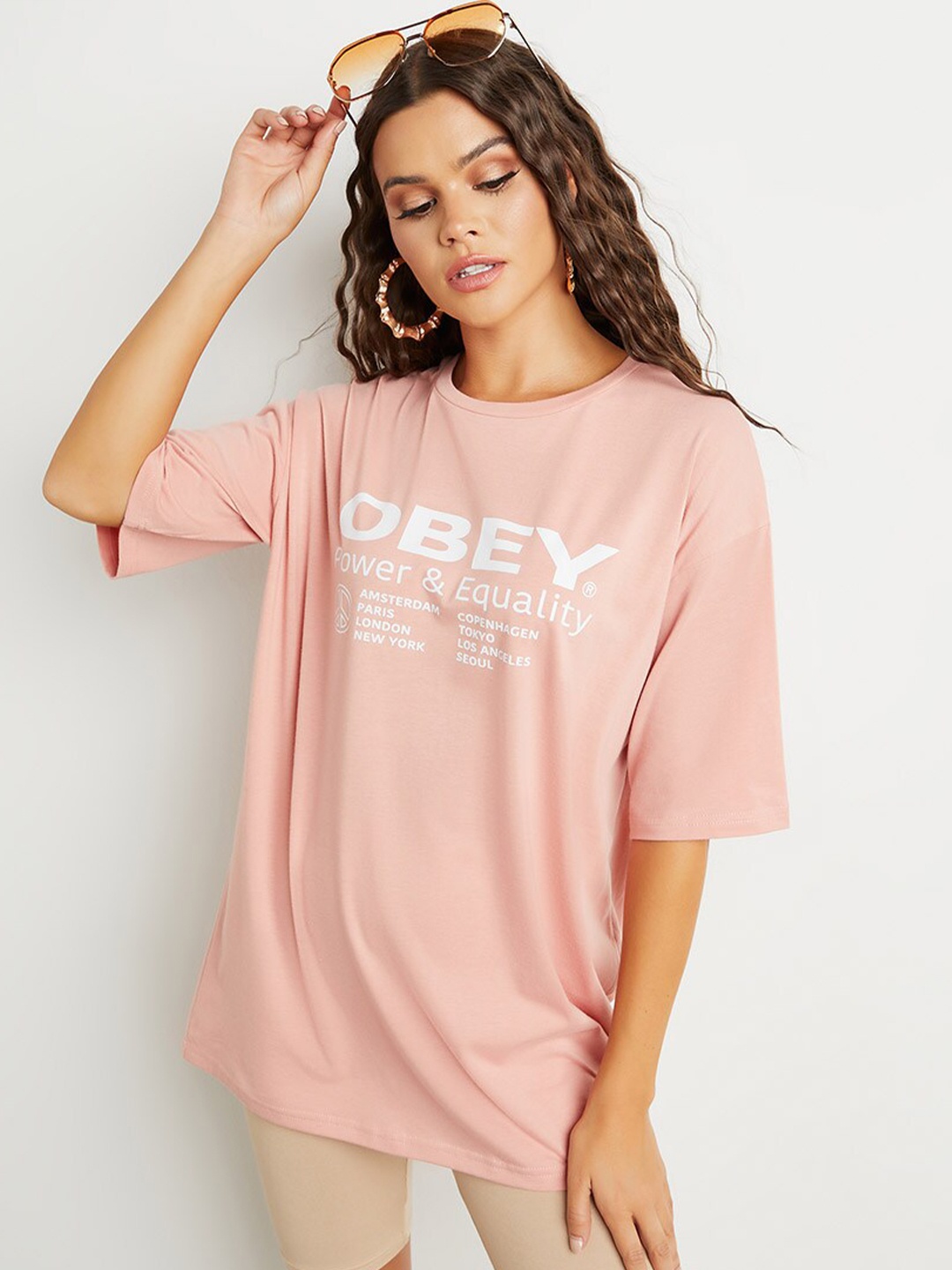 Styli Pink Short Sleeves Obey & Equality Slogan Knitted Oversized T-shirt