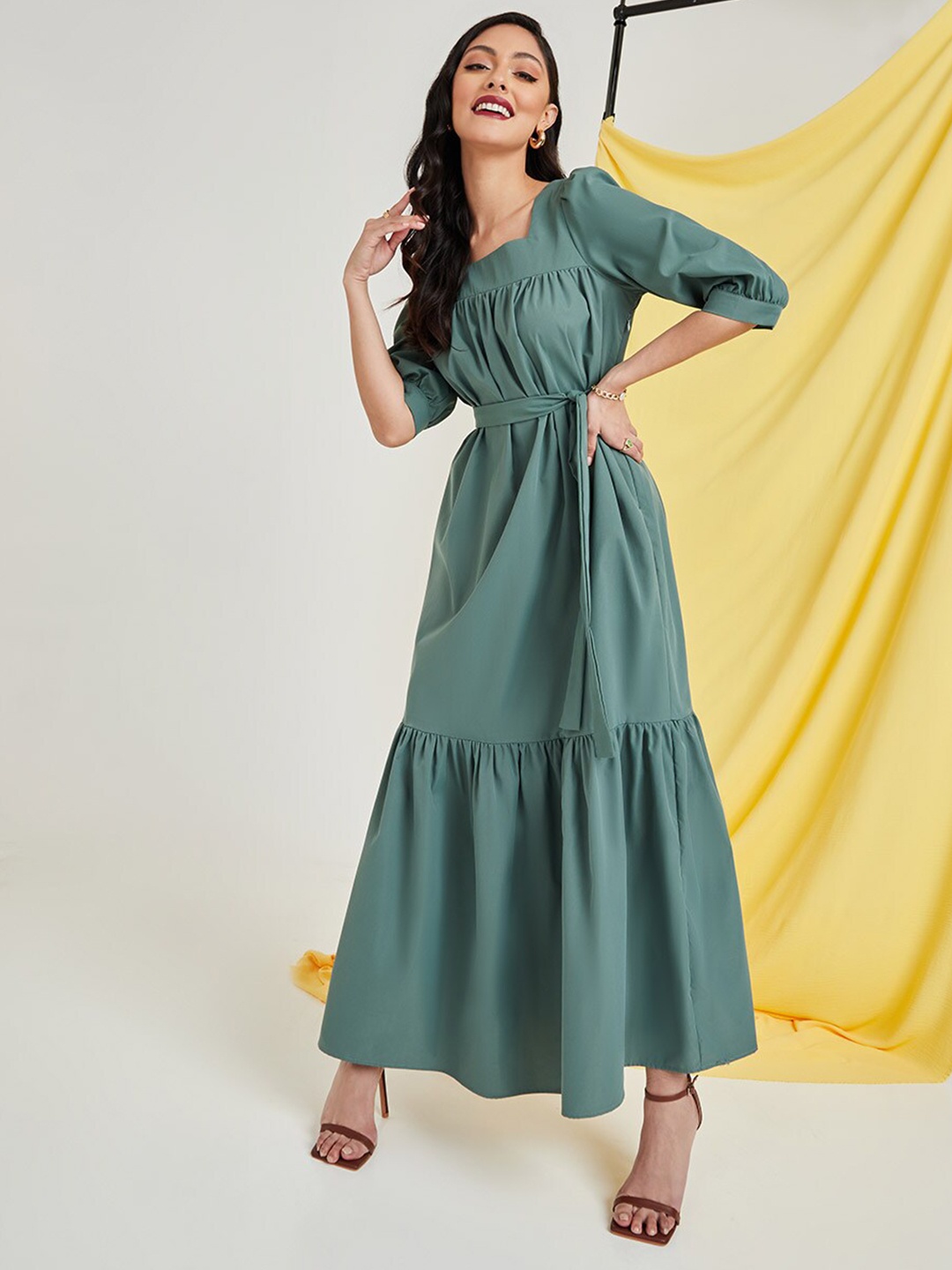 Styli Green Square Neck Tiered Maxi Dress with Belt