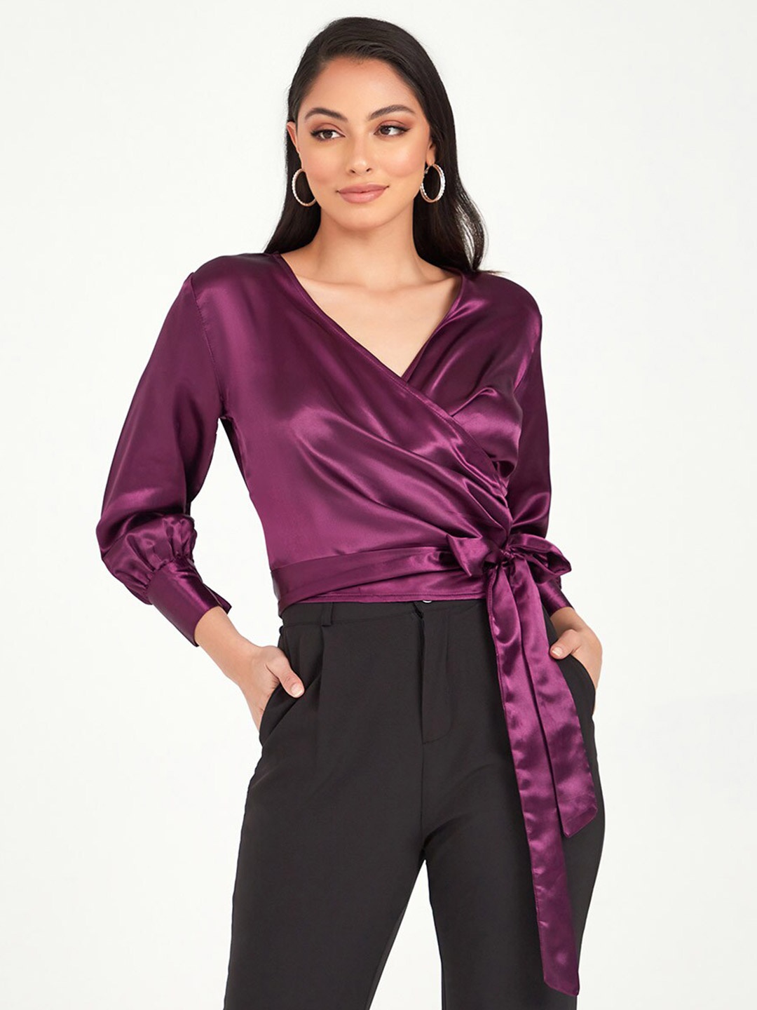 Styli Purple Satin Wrap Crop Top