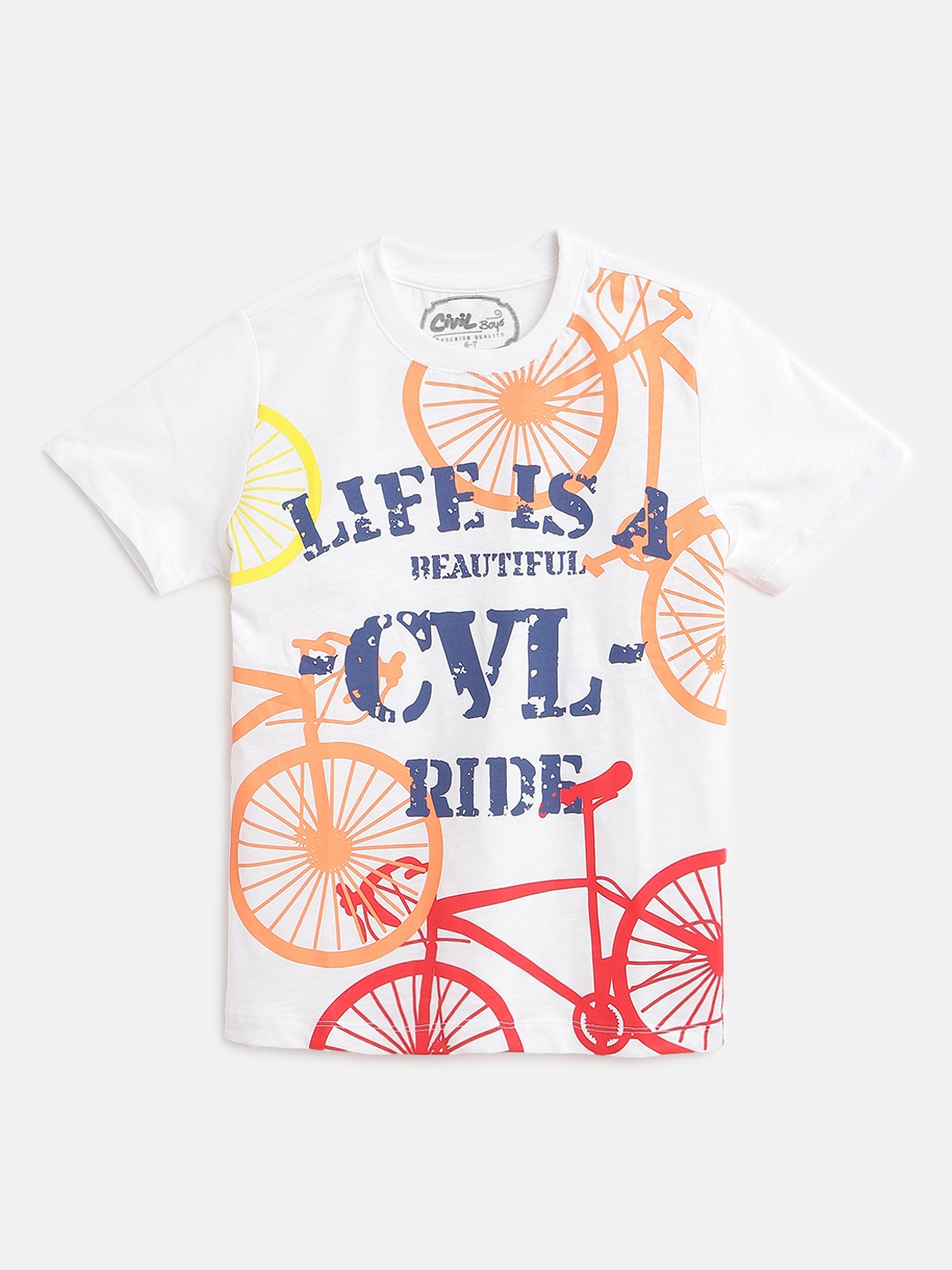 Civil Boys White & Orange Pure Cotton Graphic Print T-shirt
