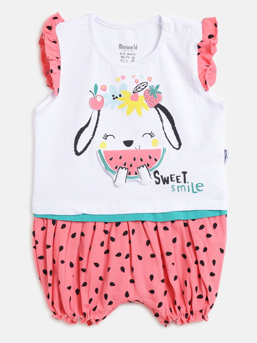 Civil Infant Girls Pink & White Graphic Print Rompers with Applique Detail