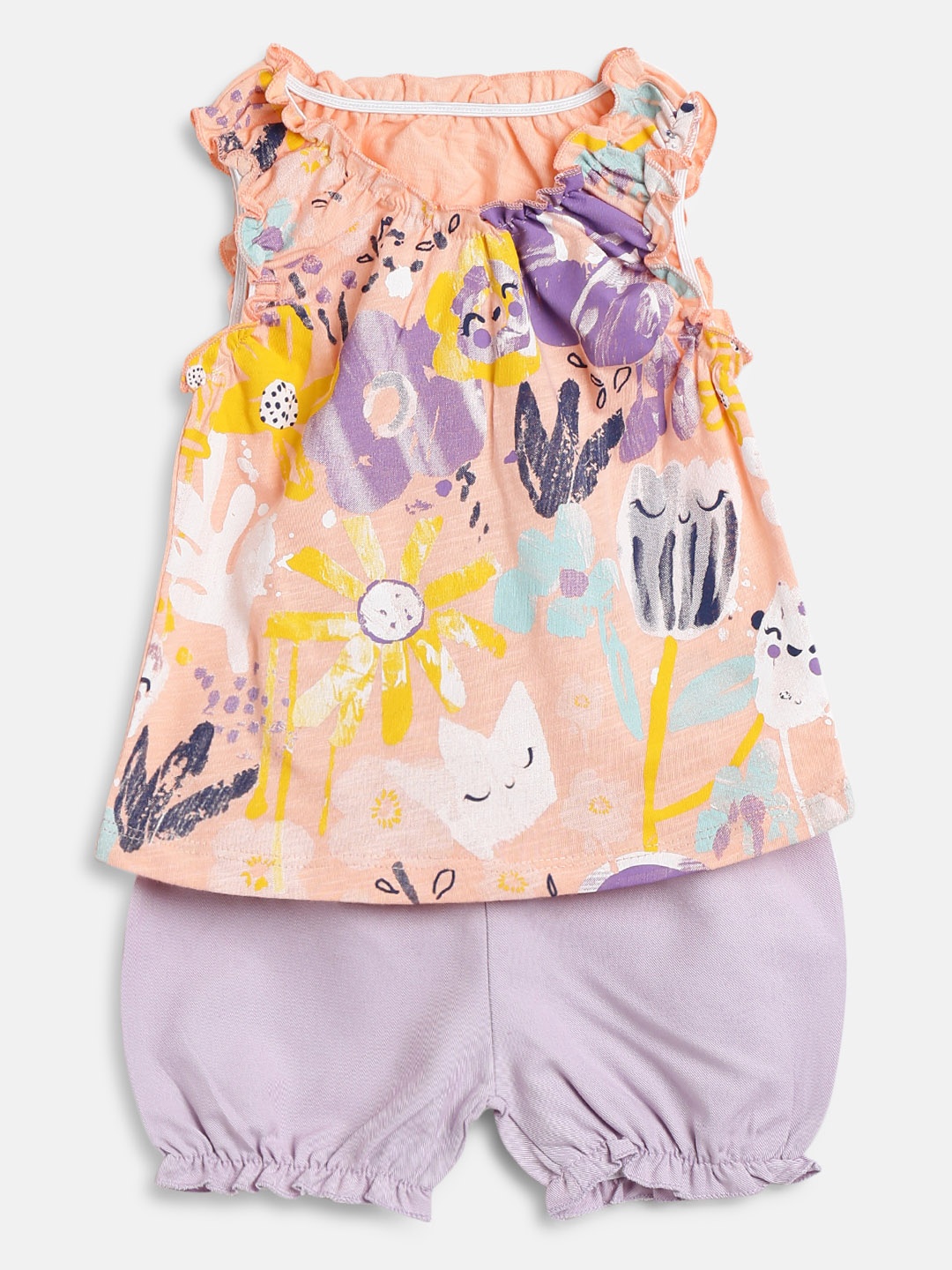 Civil Girls Peach-Coloured & Lavender Printed Top with Shorts