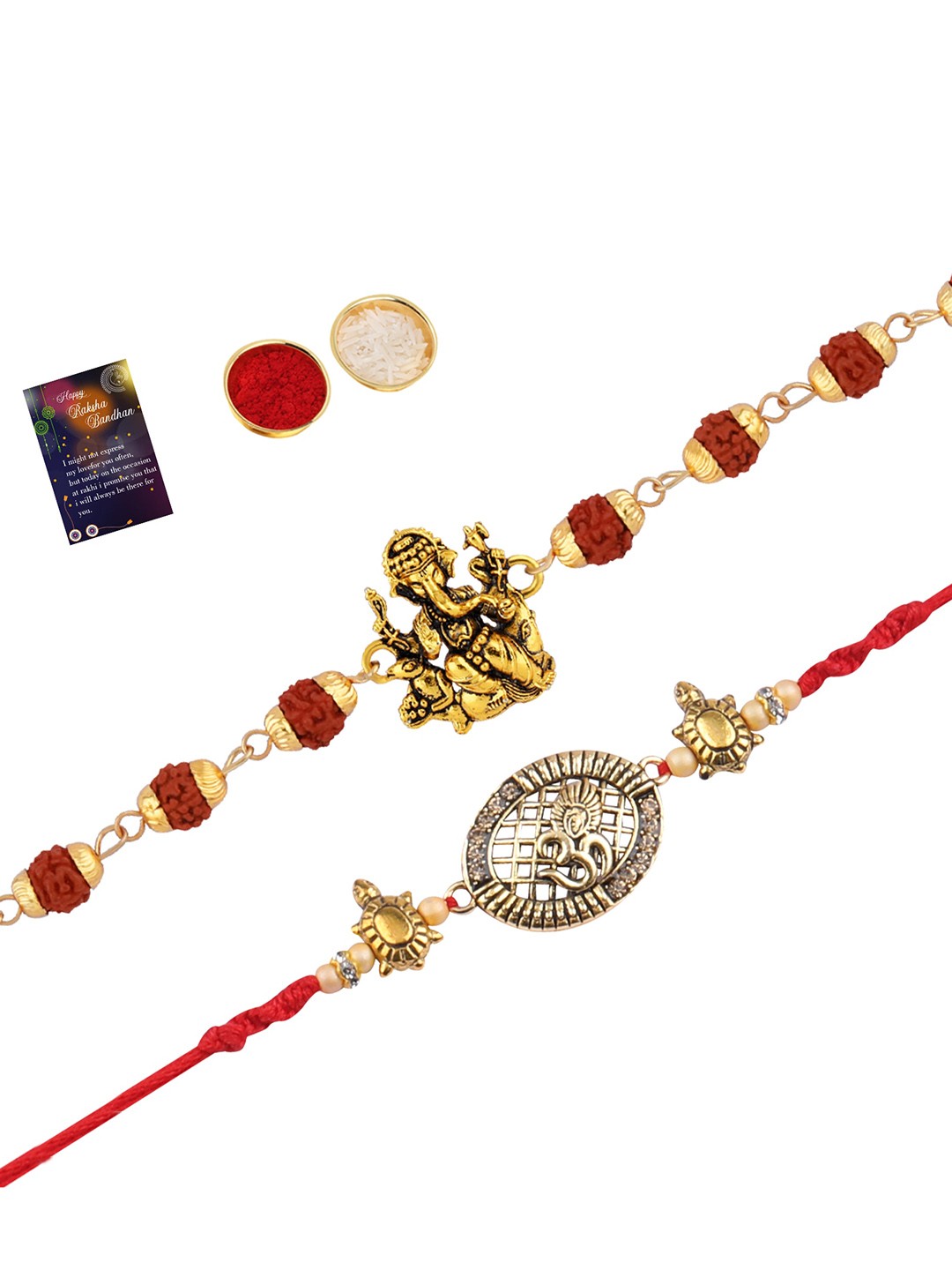 Silver Shine Set of 2 Beaded Rakhi With Pooja Thali Roli Chawal & Greeting Card, Gold
Silver Shine Set of 2 Beaded Rakhi With Pooja Thali Roli Chawal & Greeting Card, Gold