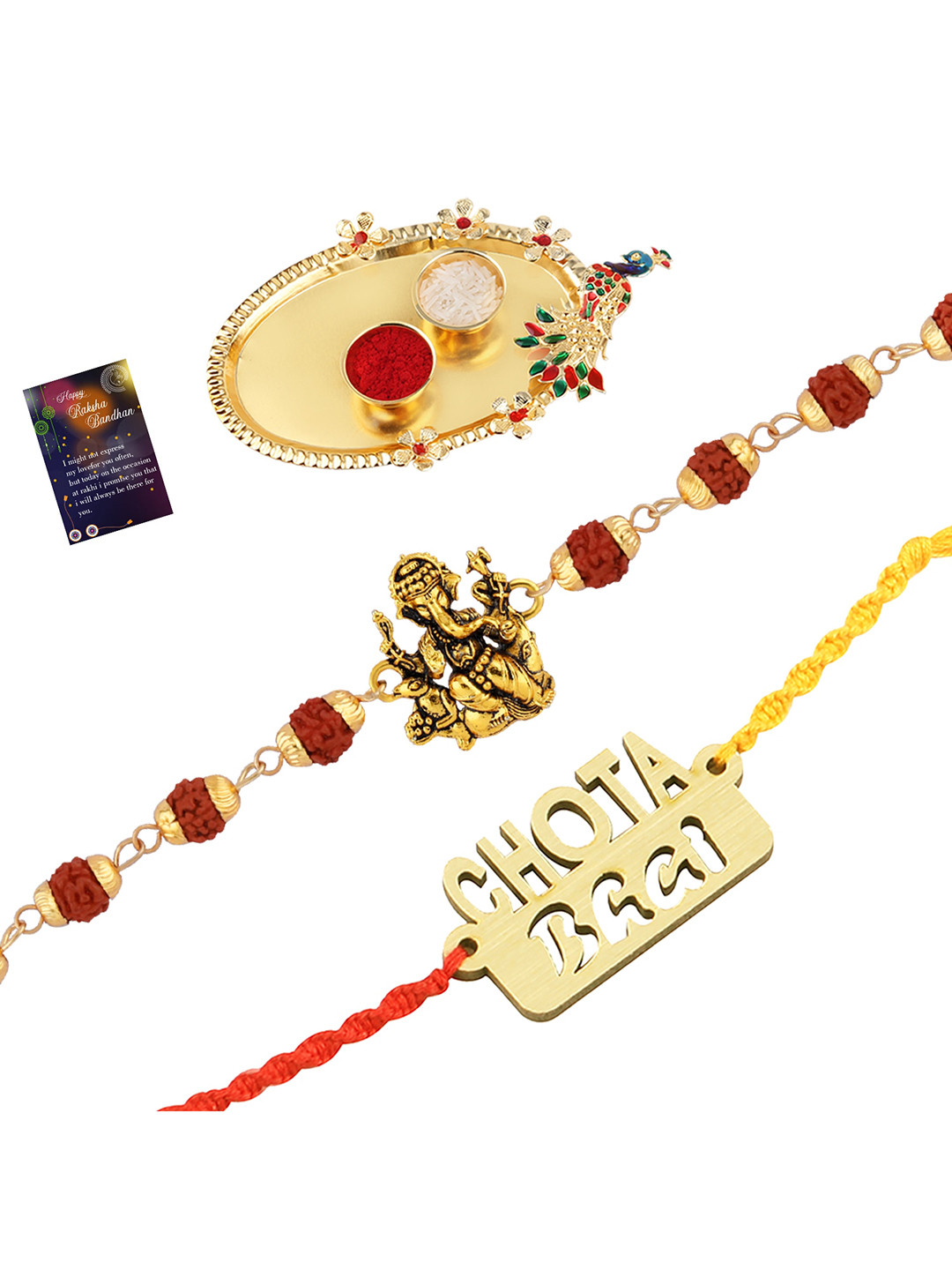 Silver Shine Set of 2 Rakhi With Pooja Thali Roli Chawal & Greeting Card, Multi 
Silver Shine Set of 2 Rakhi With Pooja Thali Roli Chawal & Greeting Card, Multi