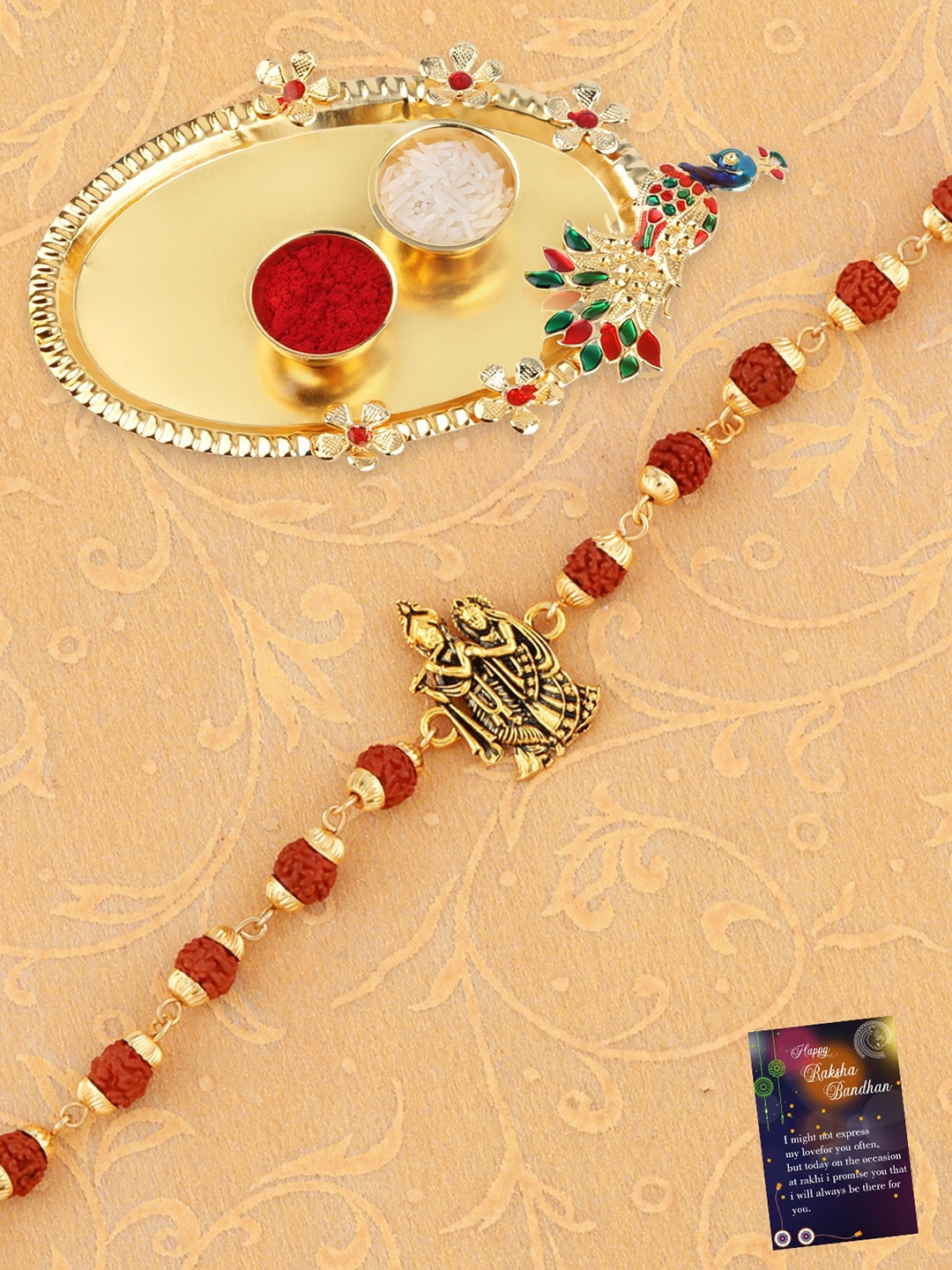 Silver Shine Radha Krishna Rakhi With Pooja Thali Roli Chawal And Greeting Card, Gold
Silver Shine Radha Krishna Rakhi With Pooja Thali Roli Chawal And Greeting Card, Gold