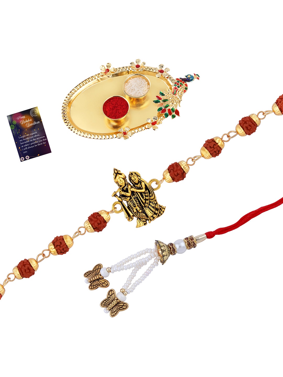 Silver Shine Set Of 2 Beaded Rakhi with Pooja Thali Roli Chawal and Greeting Card, Red
Silver Shine Set Of 2 Beaded Rakhi with Pooja Thali Roli Chawal and Greeting Card, Red