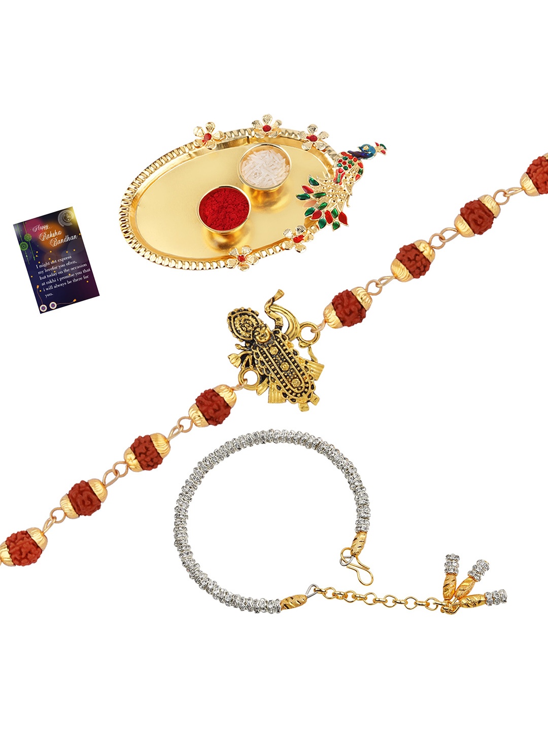 Silver Shine Set Of 2 Rakhis With Roli Chawal And Greeting Card Poojathali, Gold
Silver Shine Set Of 2 Rakhis With Roli Chawal And Greeting Card Poojathali, Gold