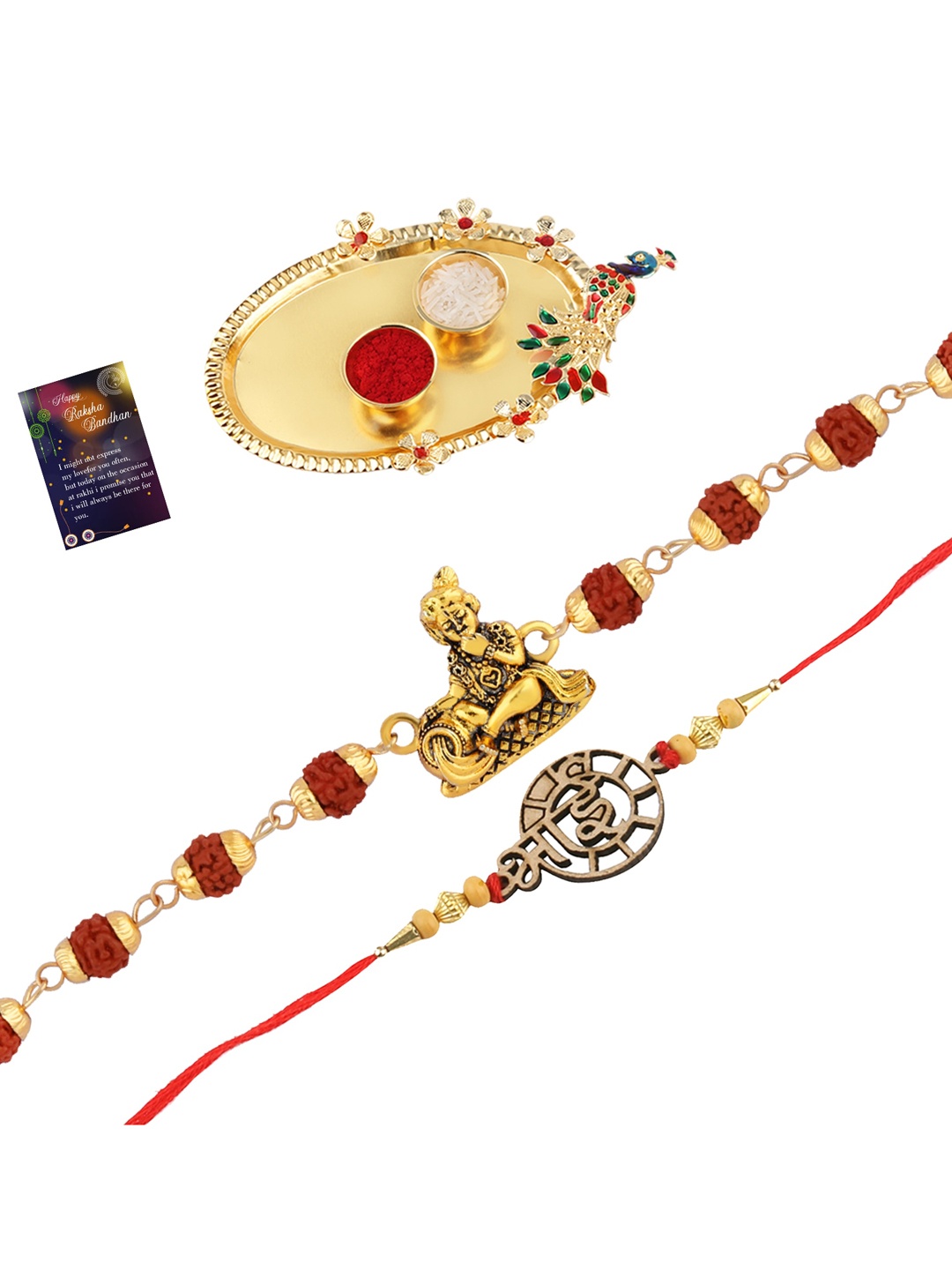 Silver Shine Set Of 2 Beaded Rakhis With Pooja Thali Roli Chawal & Greeting Card, Gold
Silver Shine Set Of 2 Beaded Rakhis With Pooja Thali Roli Chawal & Greeting Card, Gold
