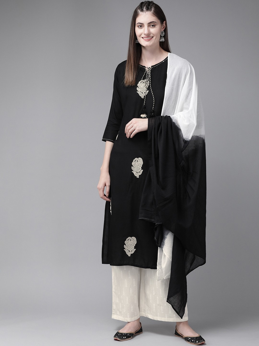 Yufta Women Black Embroidered Layered Thread Work Kurti with Palazzos & With Dupatta
Yufta Women Black Embroidered Layered Thread Work Kurti with Palazzos & With Dupatta