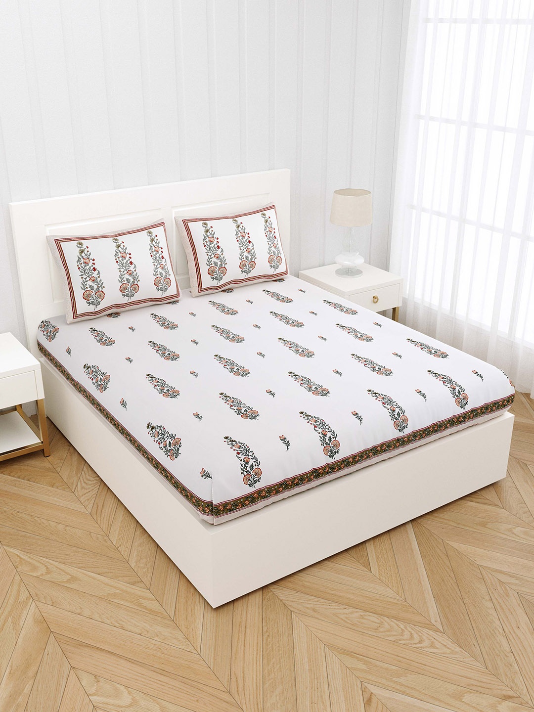 JAIPUR FABRIC White & Green Ethnic Motifs 300 TC Cotton King Bedsheet with 2 Pillow Covers
JAIPUR FABRIC White & Green Ethnic Motifs 300 TC Cotton King Bedsheet with 2 Pillow Covers