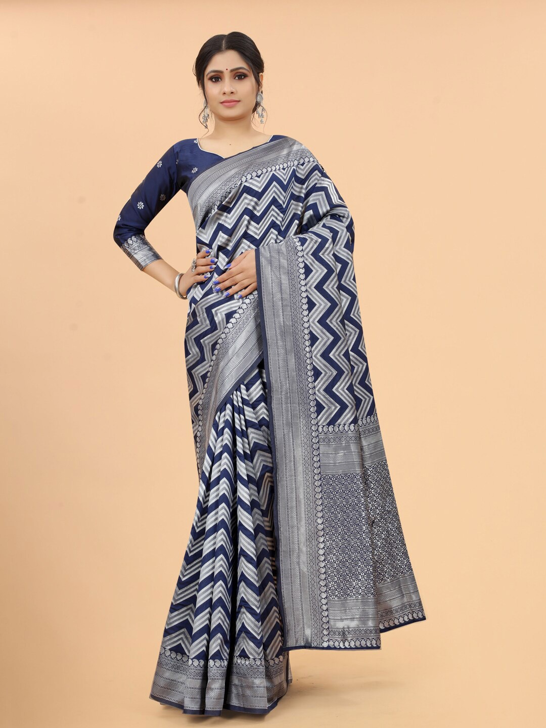 INDI AVTAAR Navy Blue & Silver-Toned Woven Design Zari Silk Cotton Fusion Banarasi Saree
INDI AVTAAR Navy Blue & Silver-Toned Woven Design Zari Silk Cotton Fusion Banarasi Saree