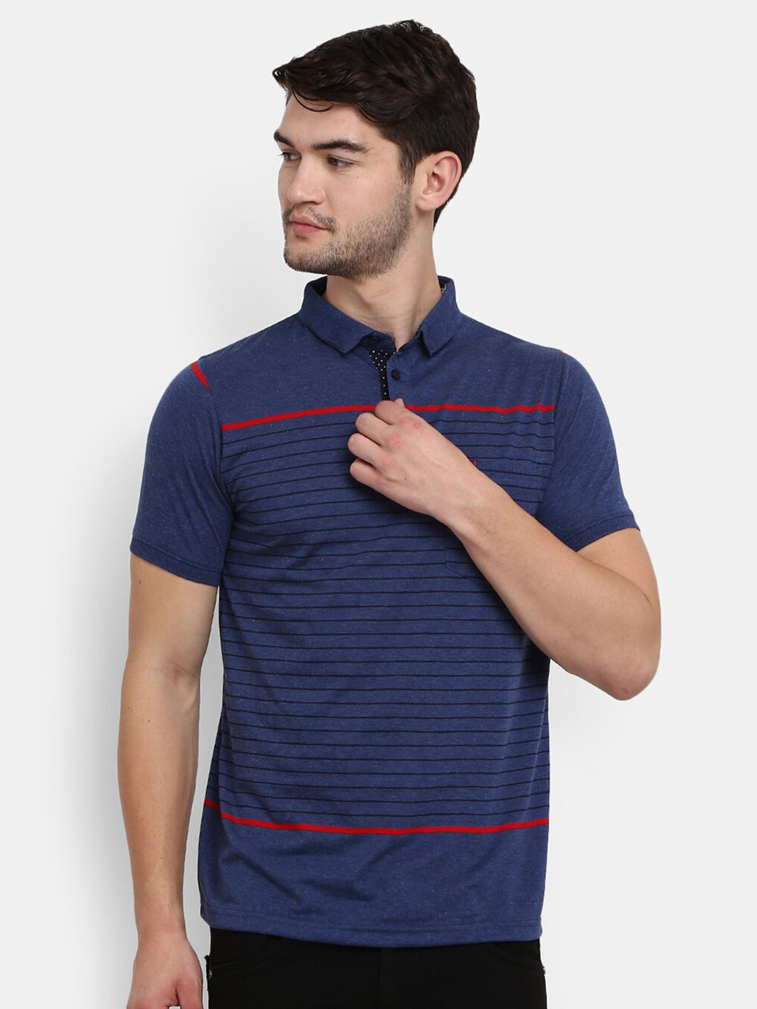 V-Mart Men Blue Striped Polo Collar T-shirt
V-Mart Men Blue Striped Polo Collar T-shirt