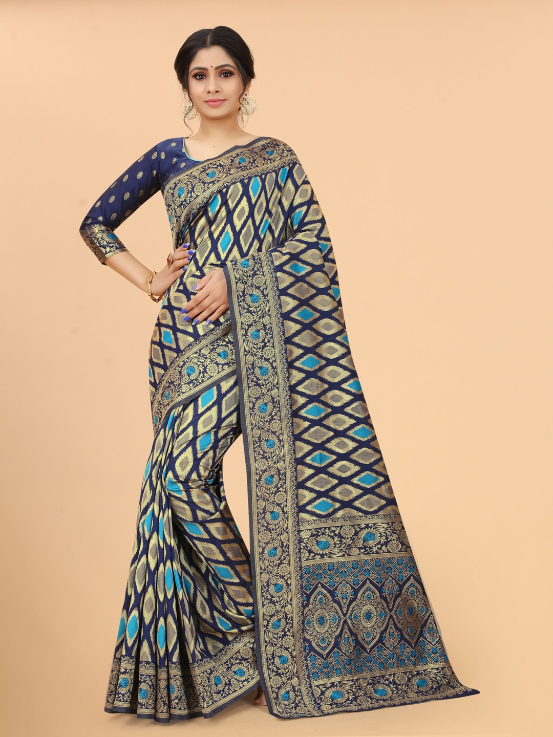 INDI AVTAAR Navy Blue & Gold-Toned Woven Design Zari Silk Cotton Fusion Banarasi Saree
INDI AVTAAR Navy Blue & Gold-Toned Woven Design Zari Silk Cotton Fusion Banarasi Saree