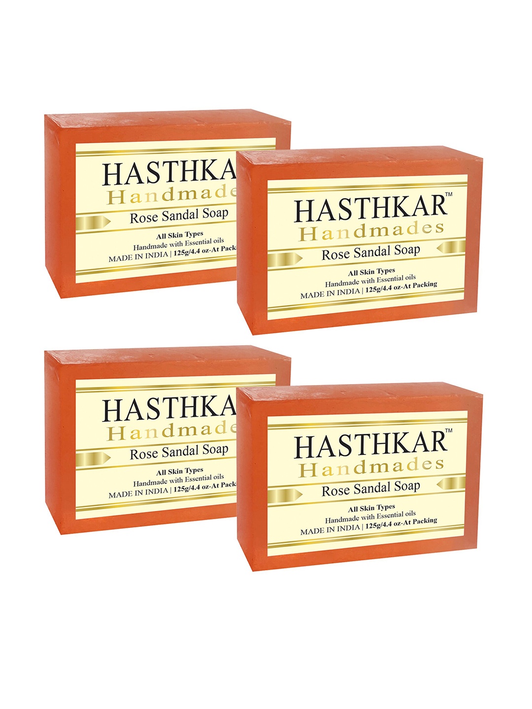 Hasthkar Set of 4 Handmade Rose Sandal Soap with Glycerin & Coconut Oil - 125 g Each, Orange
Hasthkar Set of 4 Handmade Rose Sandal Soap with Glycerin & Coconut Oil - 125 g Each, Orange