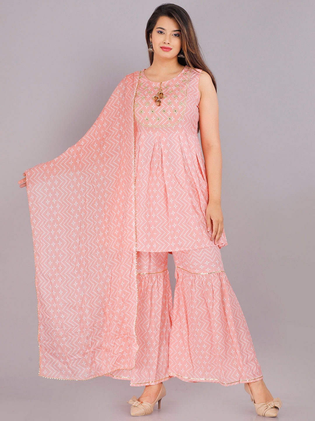PINGAKSH Women Pink Ethnic Motifs Embroidered Kurti with Sharara & With Dupatta
PINGAKSH Women Pink Ethnic Motifs Embroidered Kurti with Sharara & With Dupatta