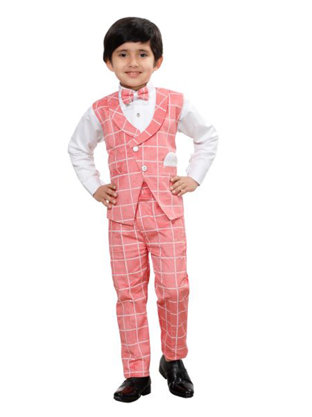 DKGF FASHION Boys Pink & White Solid Shirt with Checked Trousers and Checked Waist Coat
DKGF FASHION Boys Pink & White Solid Shirt with Checked Trousers and Checked Waist Coat