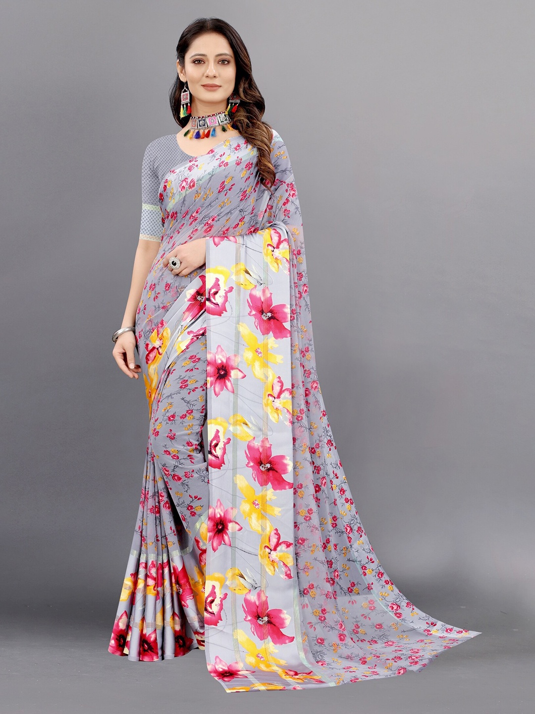 APNISHA Grey & Fuchsia Floral Pure Georgette Saree