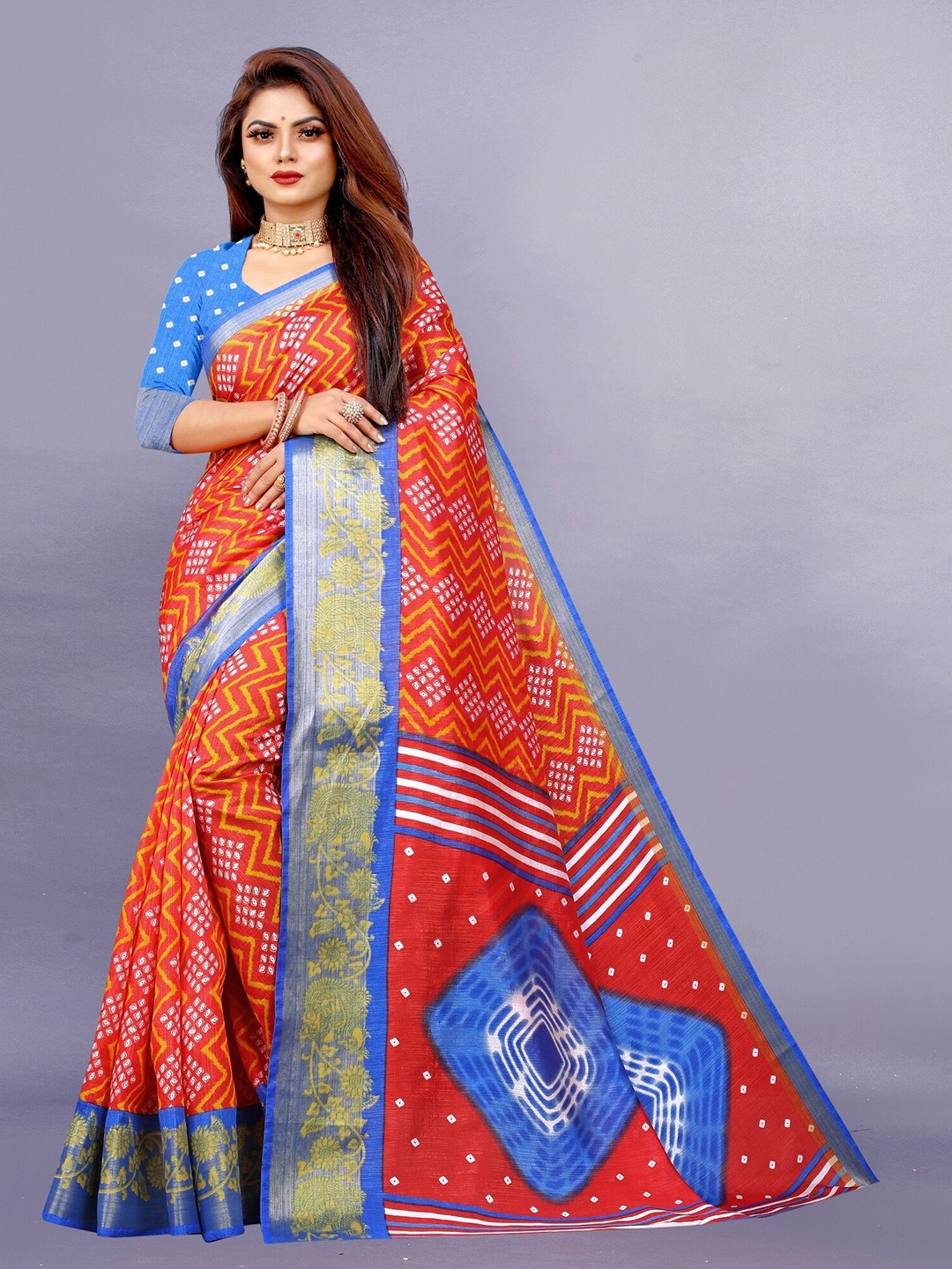 APNISHA Red & Blue Bandhani Zari Pure Cotton Saree