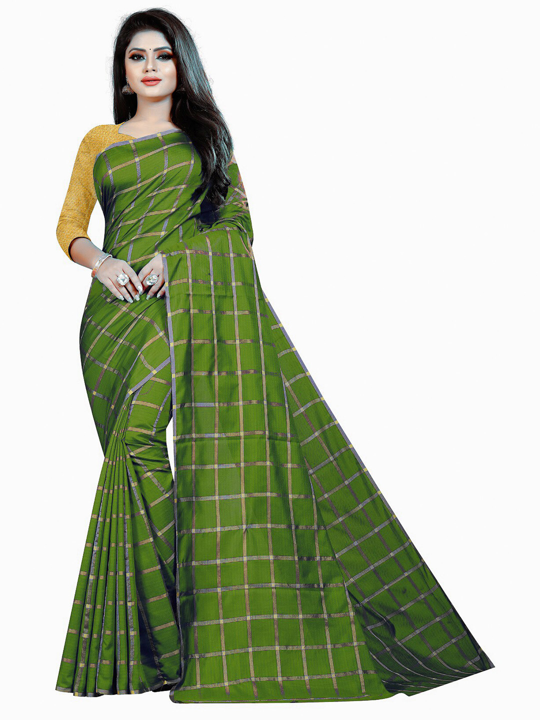 APNISHA Olive Green & Gold-Toned Checked Pure Silk Saree
APNISHA Olive Green & Gold-Toned Checked Pure Silk Saree