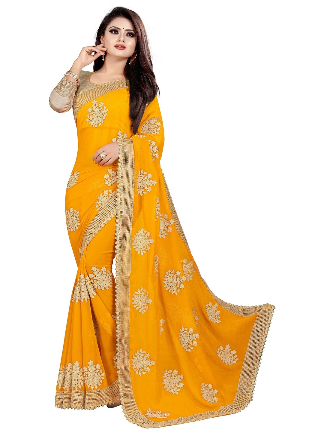 APNISHA Yellow & Gold-Toned Floral Embroidered Pure Georgette Saree