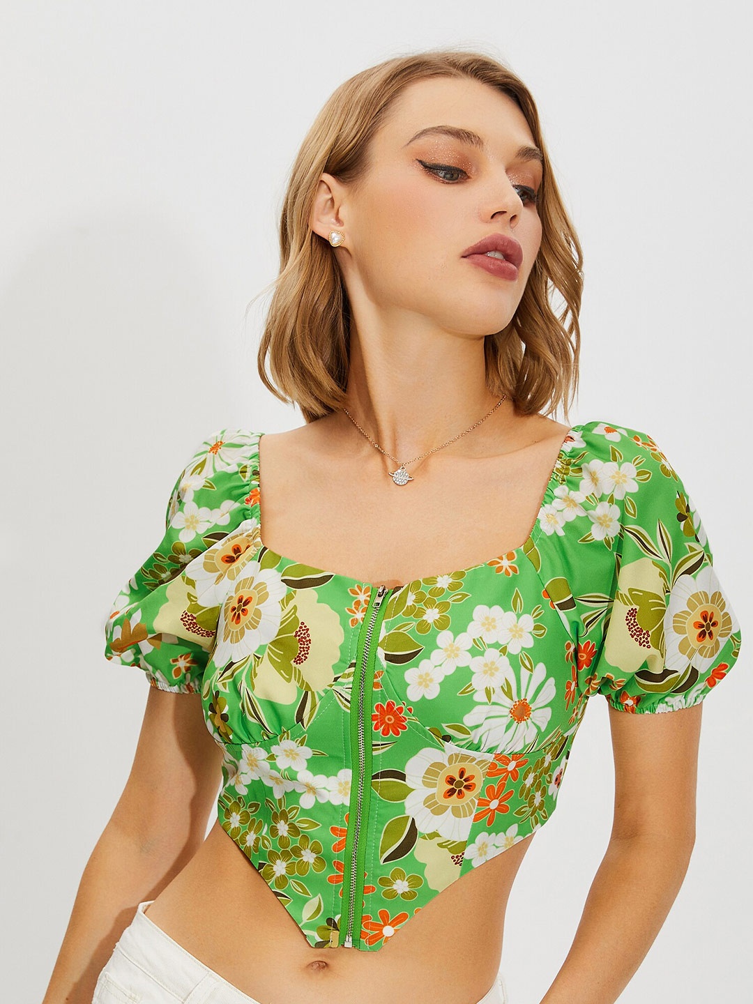 URBANIC Green Floral Print Crop Top