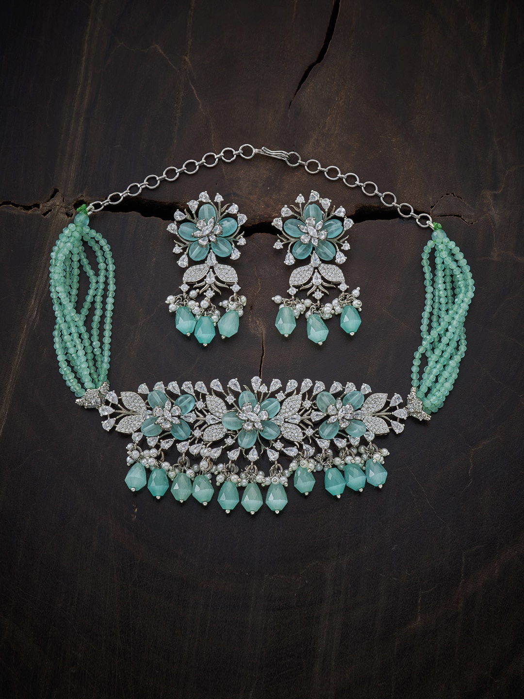 Kushal's Fashion Jewellery Rhodium Plated Sea Green CZ -Studded Choker Jewellery Set
Kushal's Fashion Jewellery Rhodium Plated Sea Green CZ -Studded Choker Jewellery Set