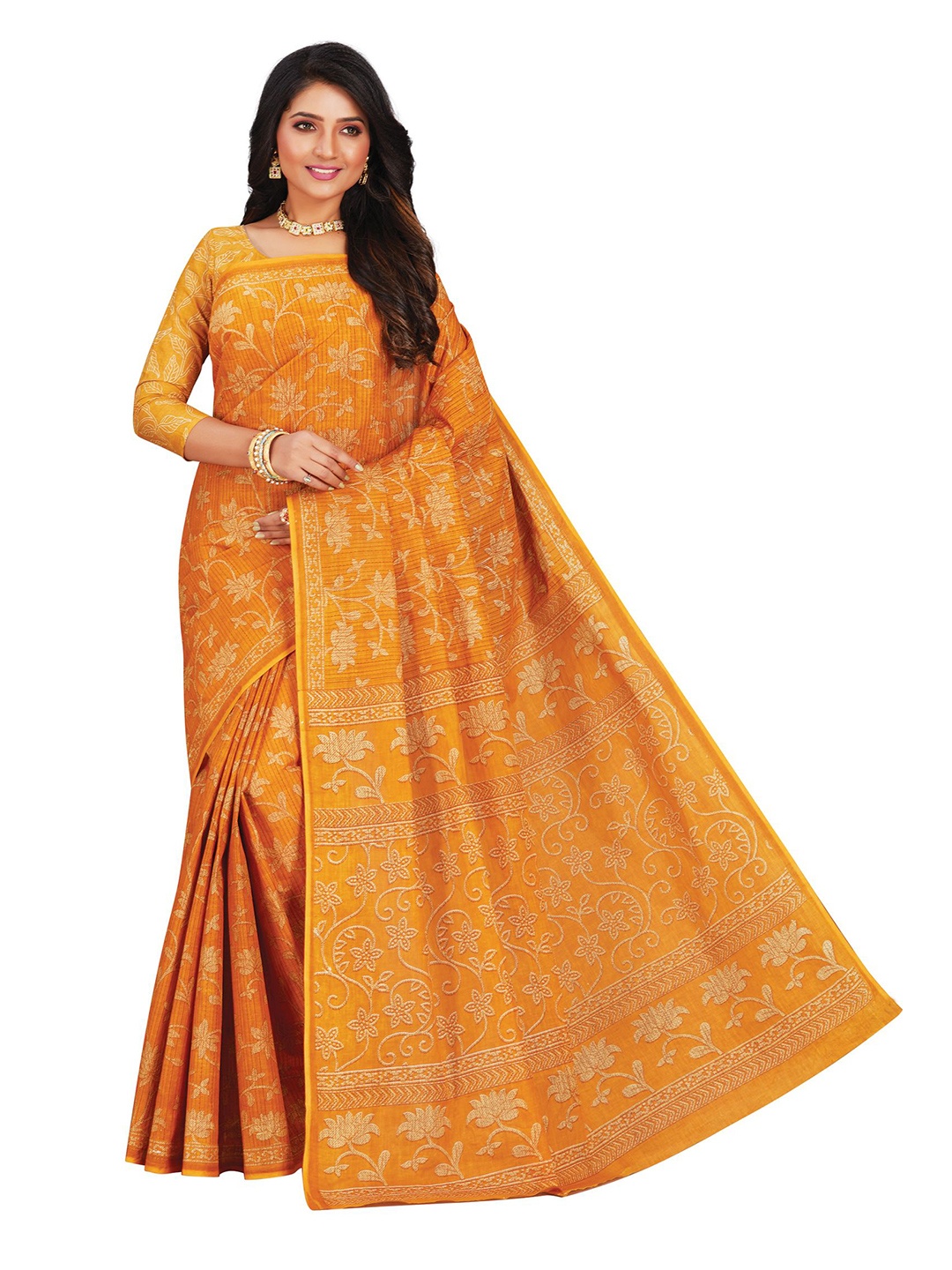 SHANVIKA Mustard Floral Pure Cotton Block Print Saree