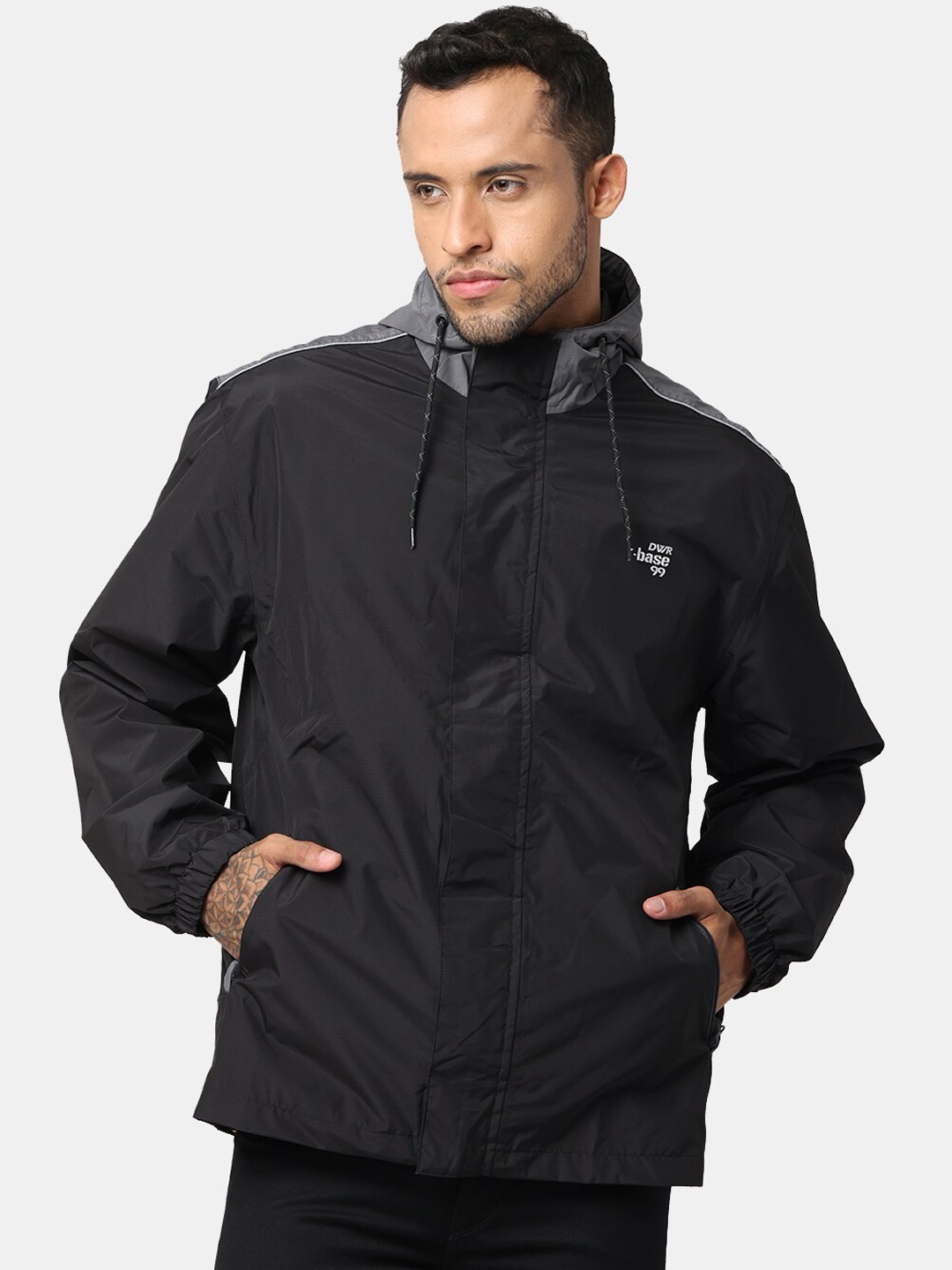 t-base Men Grey Solid Hooded Rain Jacket