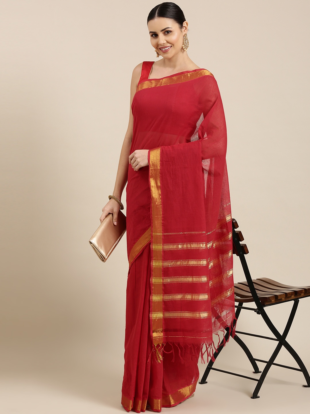 KALINI Red & Gold Self Checked Cotton Venkatgiri Saree