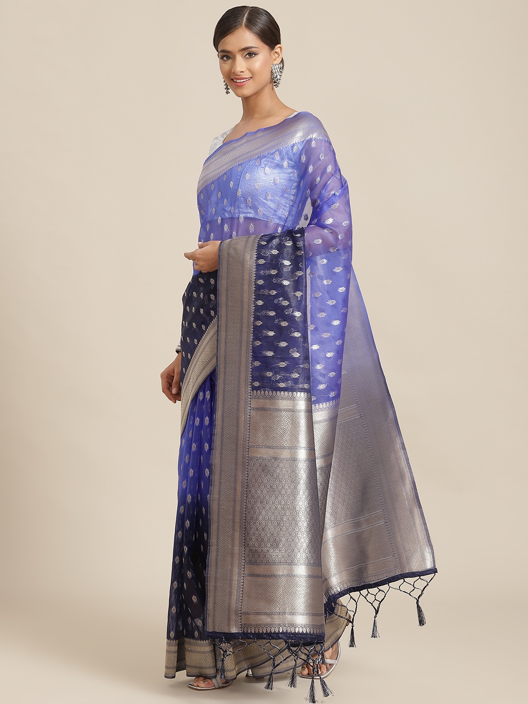 Silk Land Blue & Silver-Toned Ethnic Motifs Zari Kanjeevaram Saree