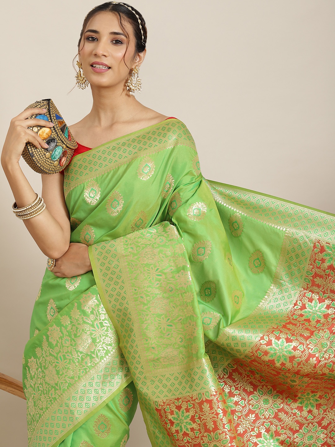 Havida Sarees Green Ethnic Motifs Zari Silk Blend Banarasi Saree