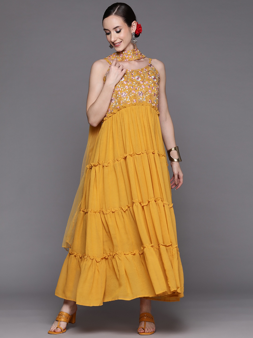 Indo Era Women Yellow & Pink Floral Georgette Ethnic A-Line Maxi Dress with Dupatta
Indo Era Women Yellow & Pink Floral Georgette Ethnic A-Line Maxi Dress with Dupatta