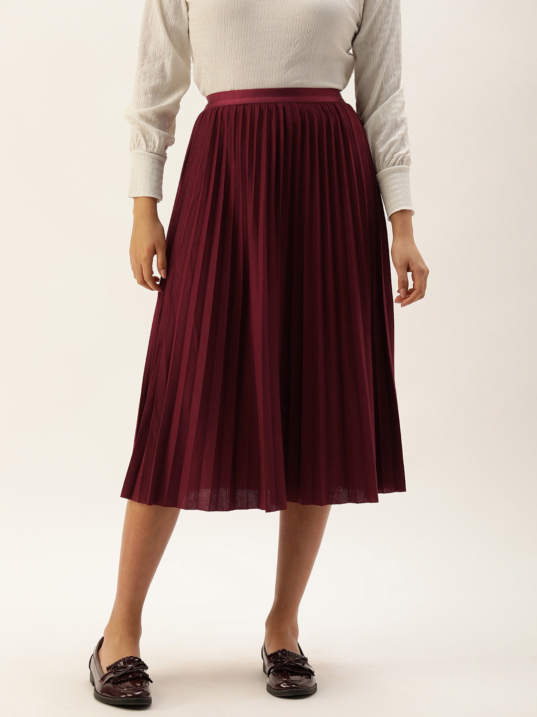 SHECZZAR Maroon Accordion Pleat Flared Midi Length Skirt