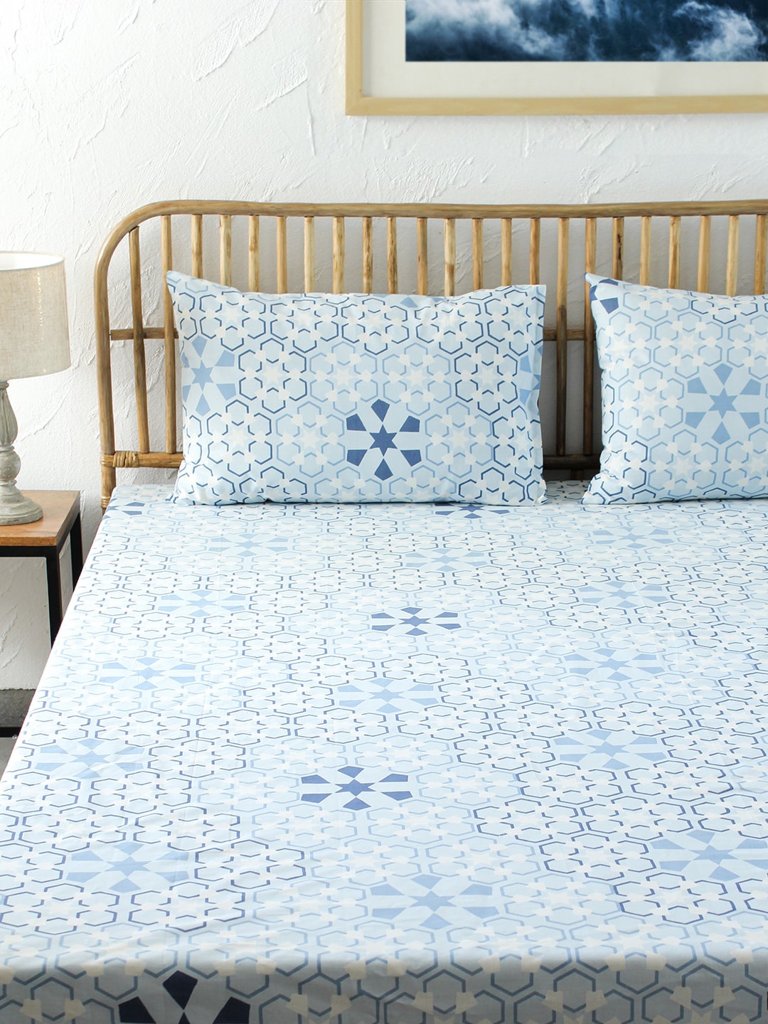 House This Blue Floral Printed Double Queen Pure Cotton Bedding Set