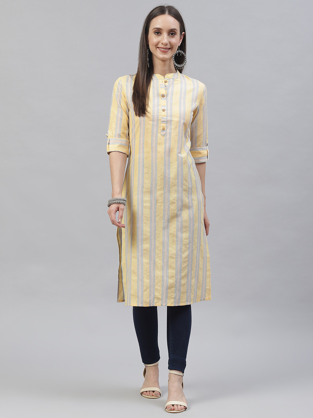 INDYES Women Yellow & Blue Striped Cotton Kurta
INDYES Women Yellow & Blue Striped Cotton Kurta