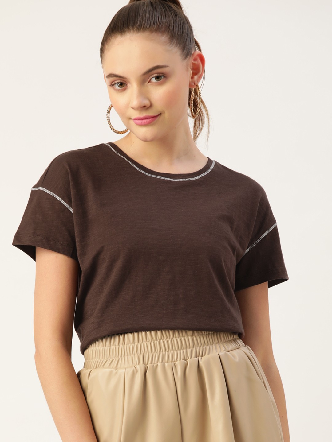 DressBerry Women Brown Pure Cotton Round Neck T-shirt