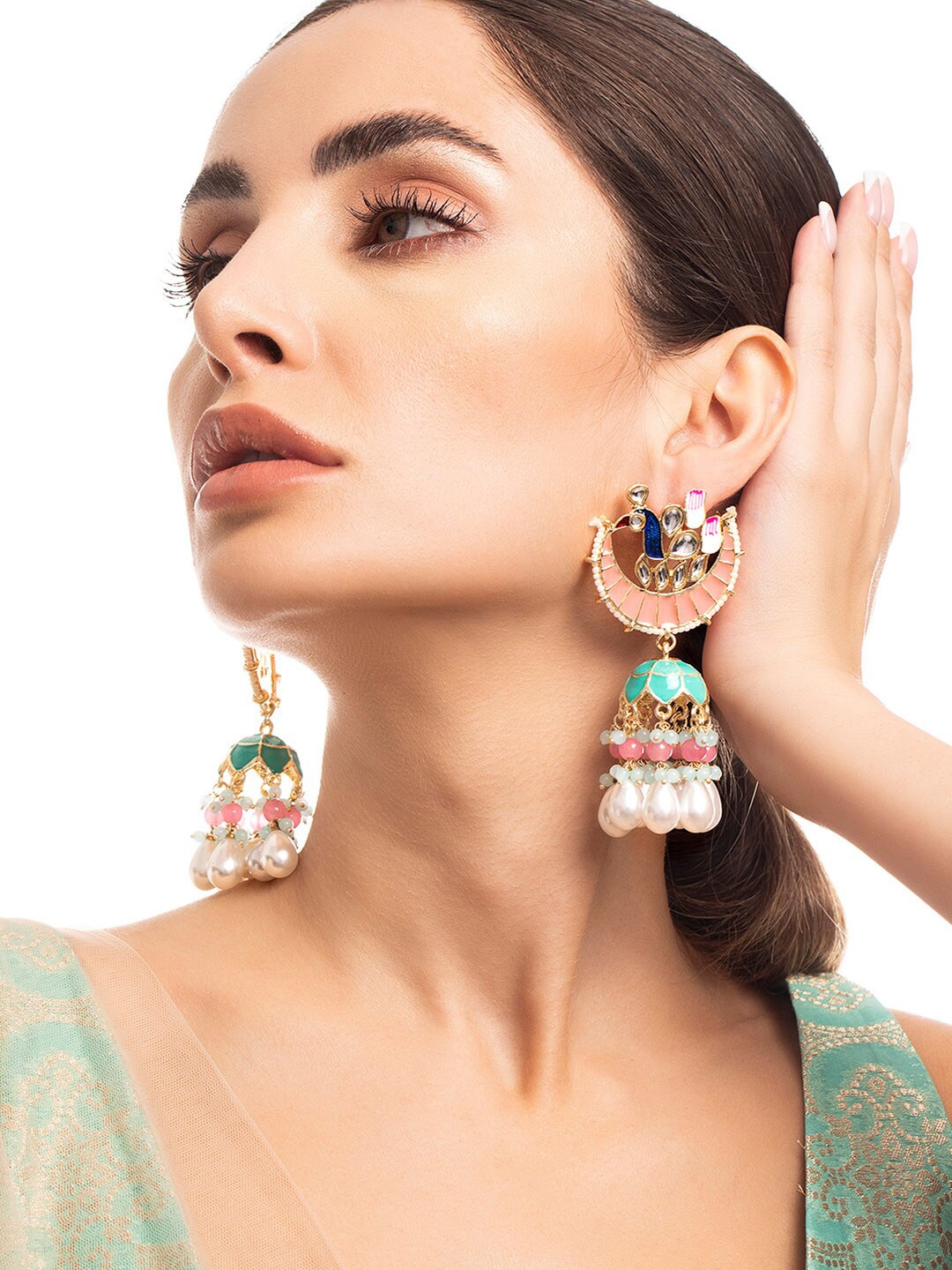 Rubans Gold-Toned Peacock Shaped Jhumkas Earrings