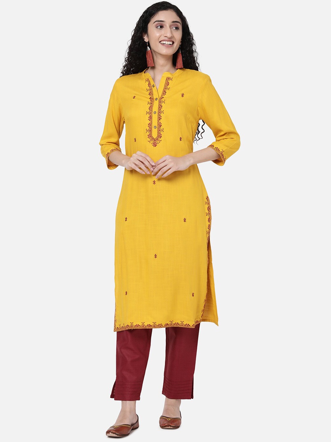 R&B Women Yellow Flared Sleeves Thread Work Kurta