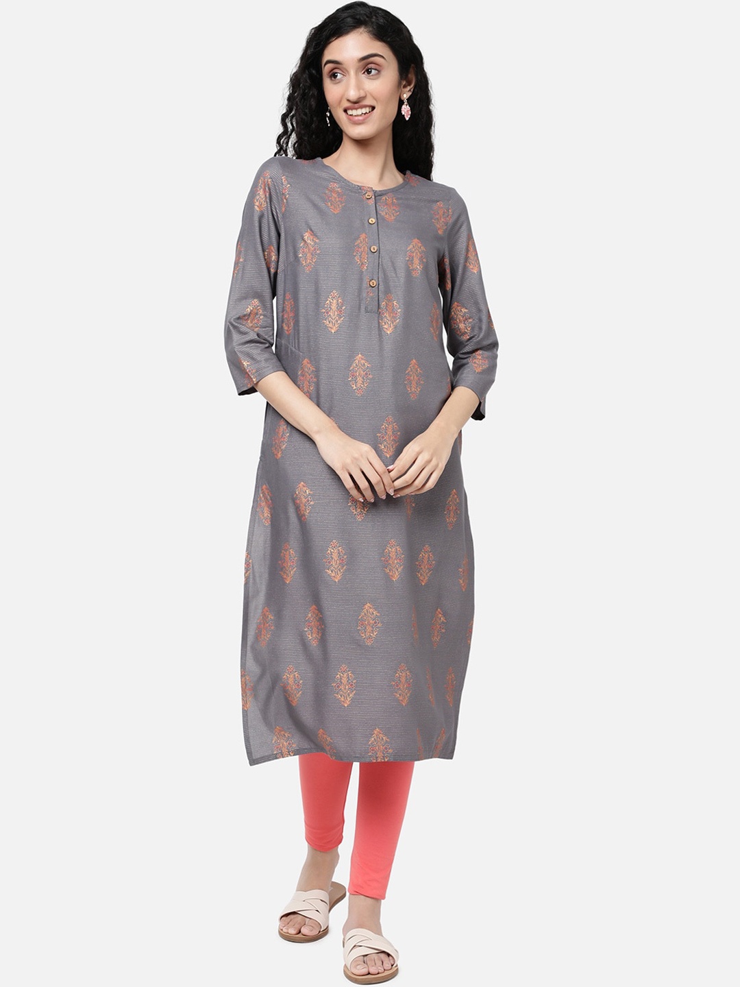 R&B Women Grey & Orange Floral Printed Kurta