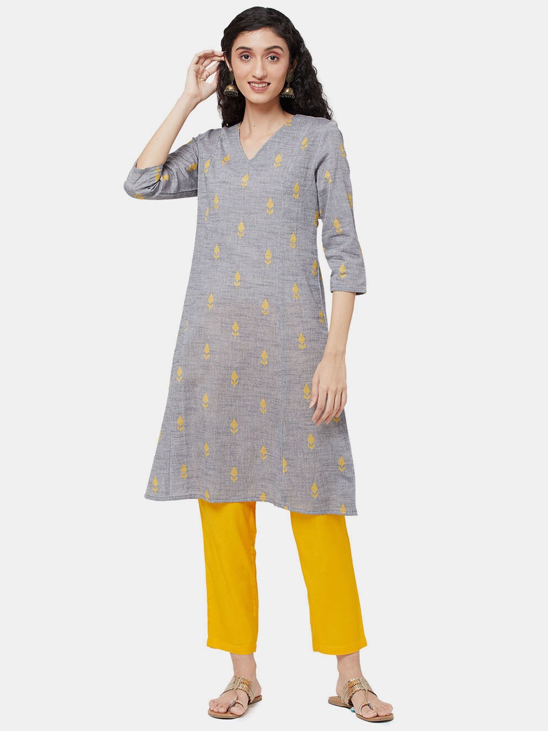 R&B Women Grey & Yellow Floral Printed Kurta