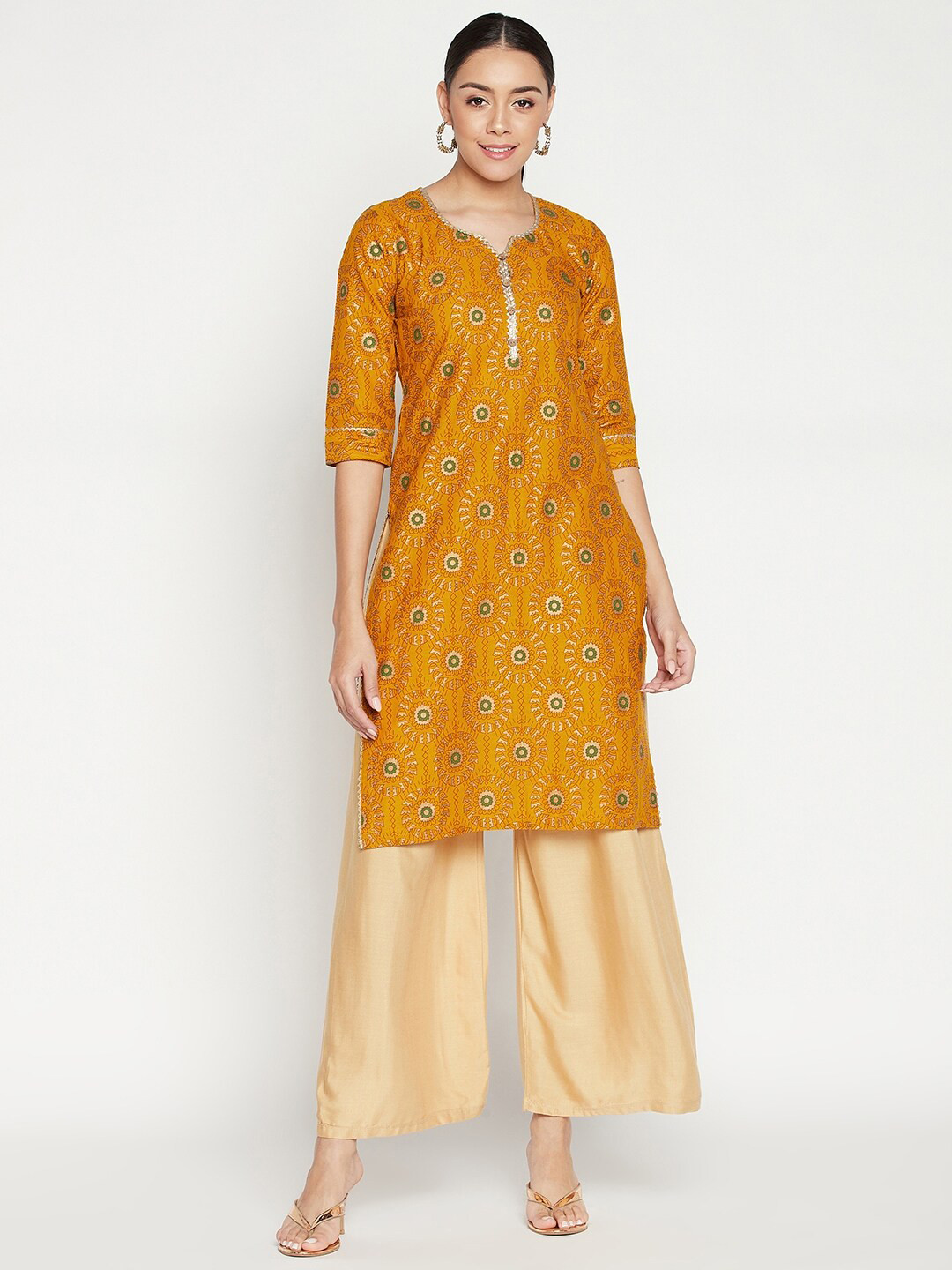 One of a Kind Women Mustard Yellow & Green Ethnic Motifs Printed Pure Cotton Gotta Patti Kurta
One of a Kind Women Mustard Yellow & Green Ethnic Motifs Printed Pure Cotton Gotta Patti Kurta