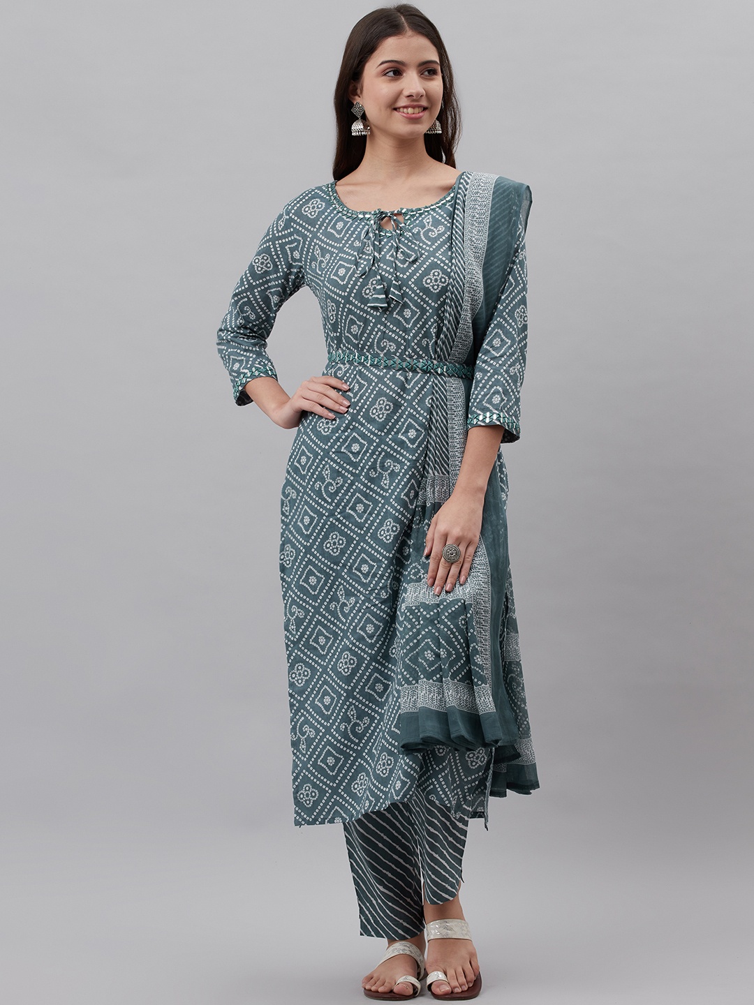 RAJGRANTH Women Blue Bandhani Printed Mirror Work Pure Cotton Kurta with Trousers & With Dupatta
RAJGRANTH Women Blue Bandhani Printed Mirror Work Pure Cotton Kurta with Trousers & With Dupatta
