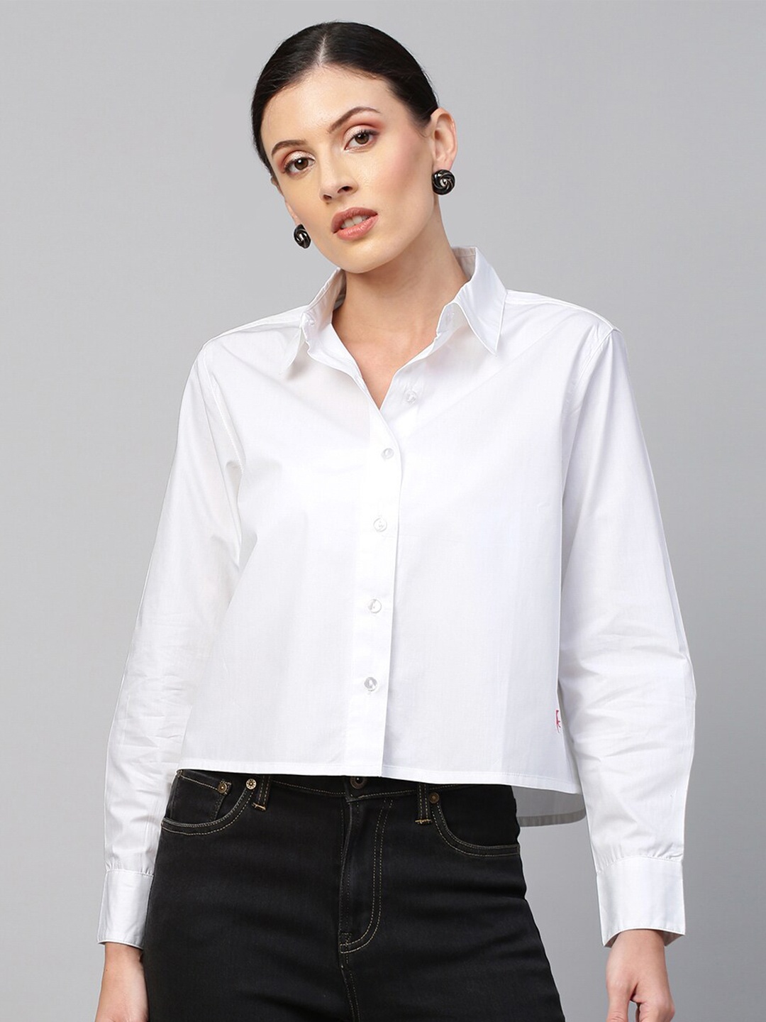 Chemistry Women White Solid Cotton Shirt Style Crop Top