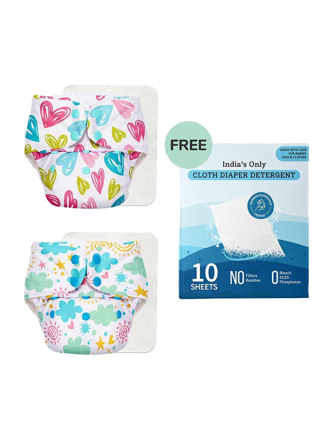 SuperBottoms Infants Set of 2 Printed Sustainable Reusable Cotton Cloth Diapers & 10 Detergent Sheets, White
SuperBottoms Infants Set of 2 Printed Sustainable Reusable Cotton Cloth Diapers & 10 Detergent Sheets, White