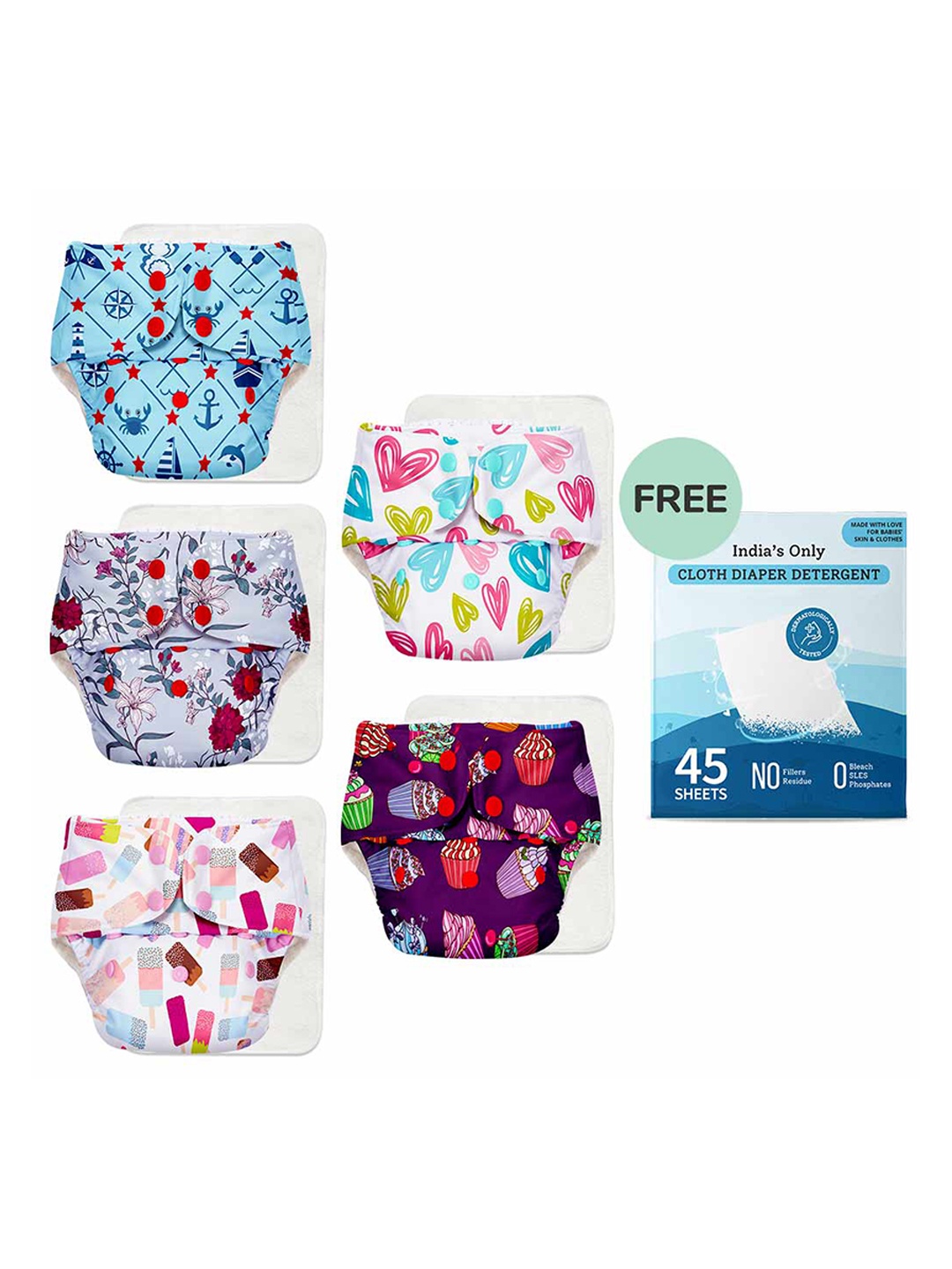 SuperBottoms Infants Set of 5 Printed Sustainable Reusable Cotton Cloth Diapers & 45 Detergent Sheets, Blue
SuperBottoms Infants Set of 5 Printed Sustainable Reusable Cotton Cloth Diapers & 45 Detergent Sheets, Blue