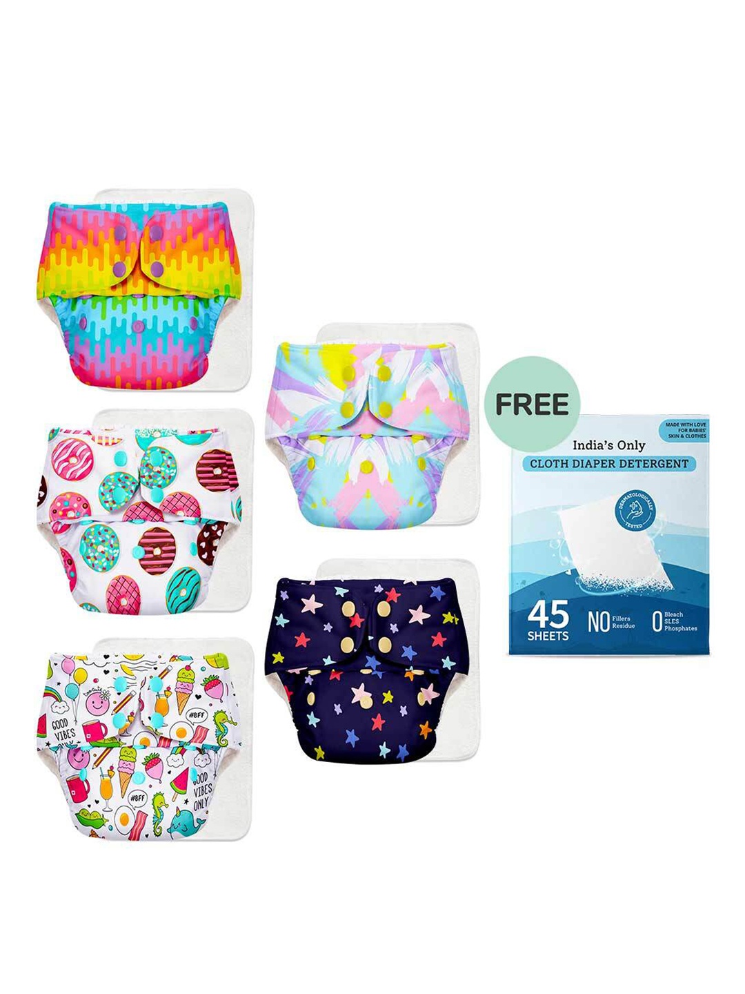 SuperBottoms Infants Set of 5 Printed Sustainable Reusable Cotton Cloth Diapers & 45 Detergent Sheets, Multi
SuperBottoms Infants Set of 5 Printed Sustainable Reusable Cotton Cloth Diapers & 45 Detergent Sheets, Multi