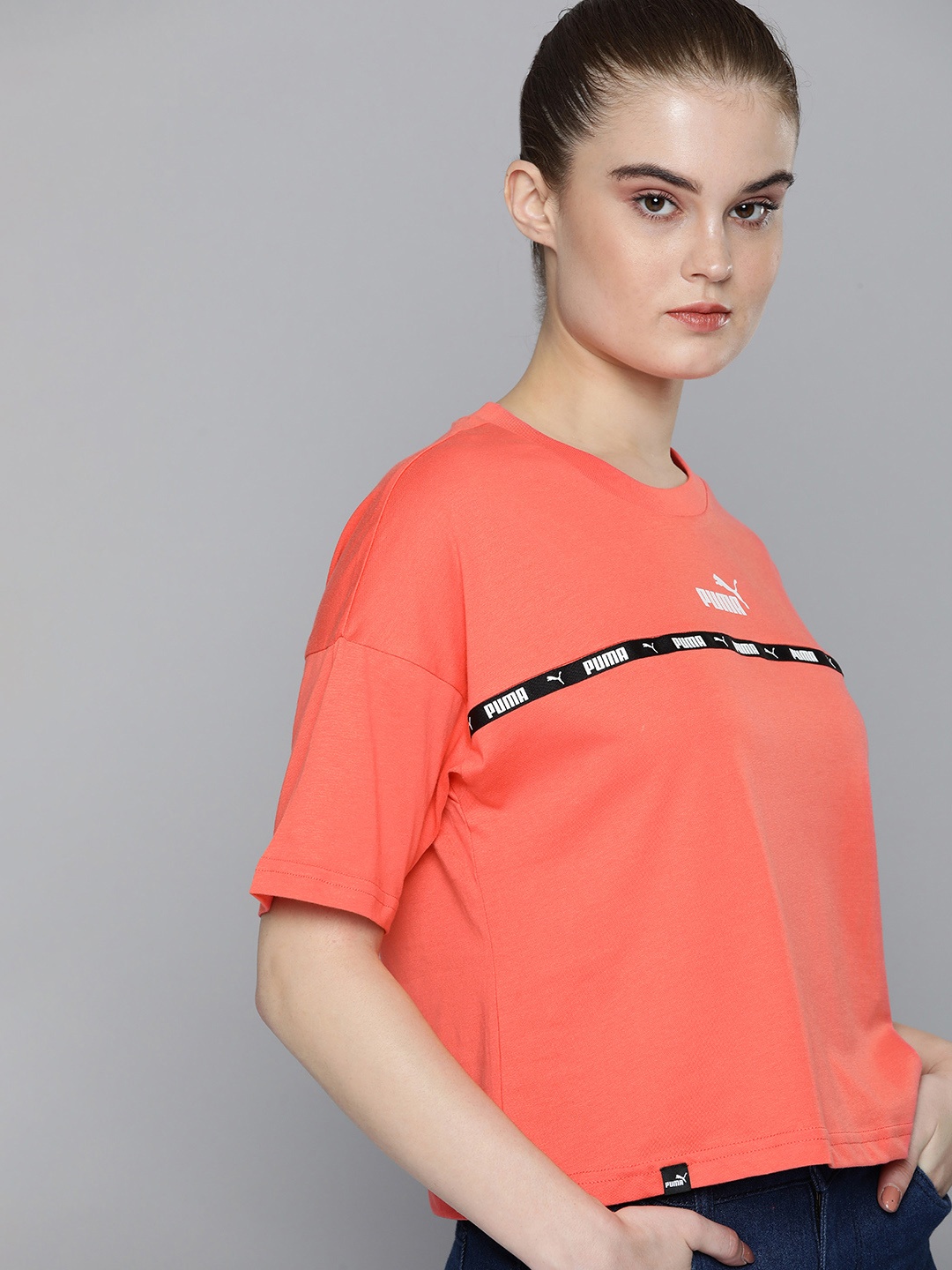 Puma Women Coral Pink Solid Drop-Shoulder Sleeves Power Tape Relaxed Fit T-Shirt