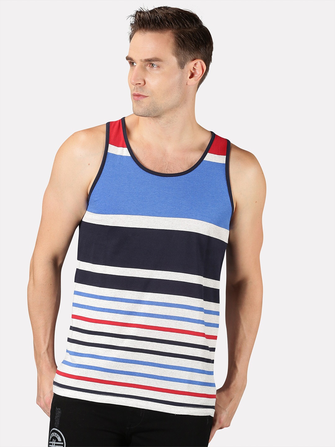 UrGear Men White & Multicoloured Striped Raw Edge T-shirt