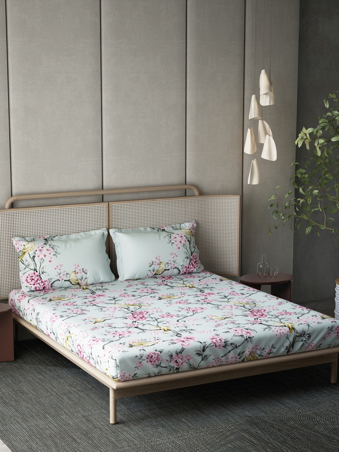 DDecor Blue & Green Floral 140 TC Cotton Queen Bedsheet with 2 Pillow Covers